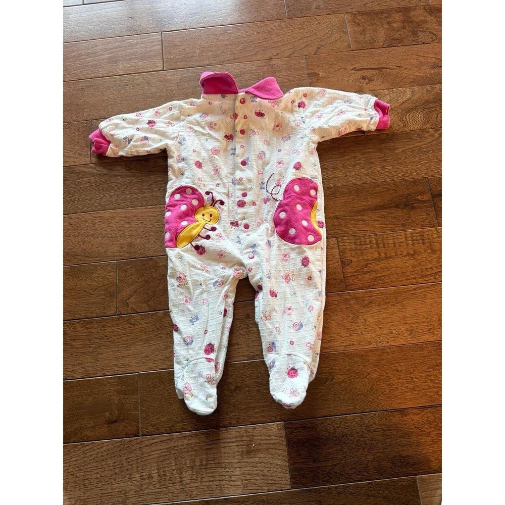 Vintage Small Steps Pink White Lady Bug Sleeper Jammies Snaps 0-3 Months